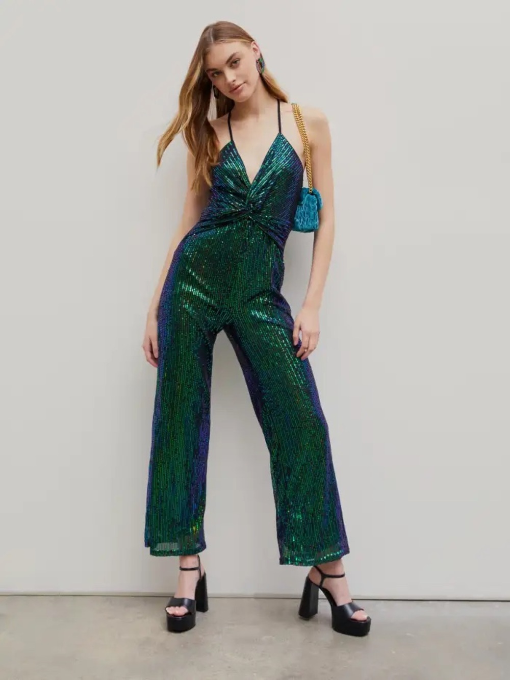 Cider Green-Blue Sequin Twist-Front Jumpsuit - 🕺🪩💃